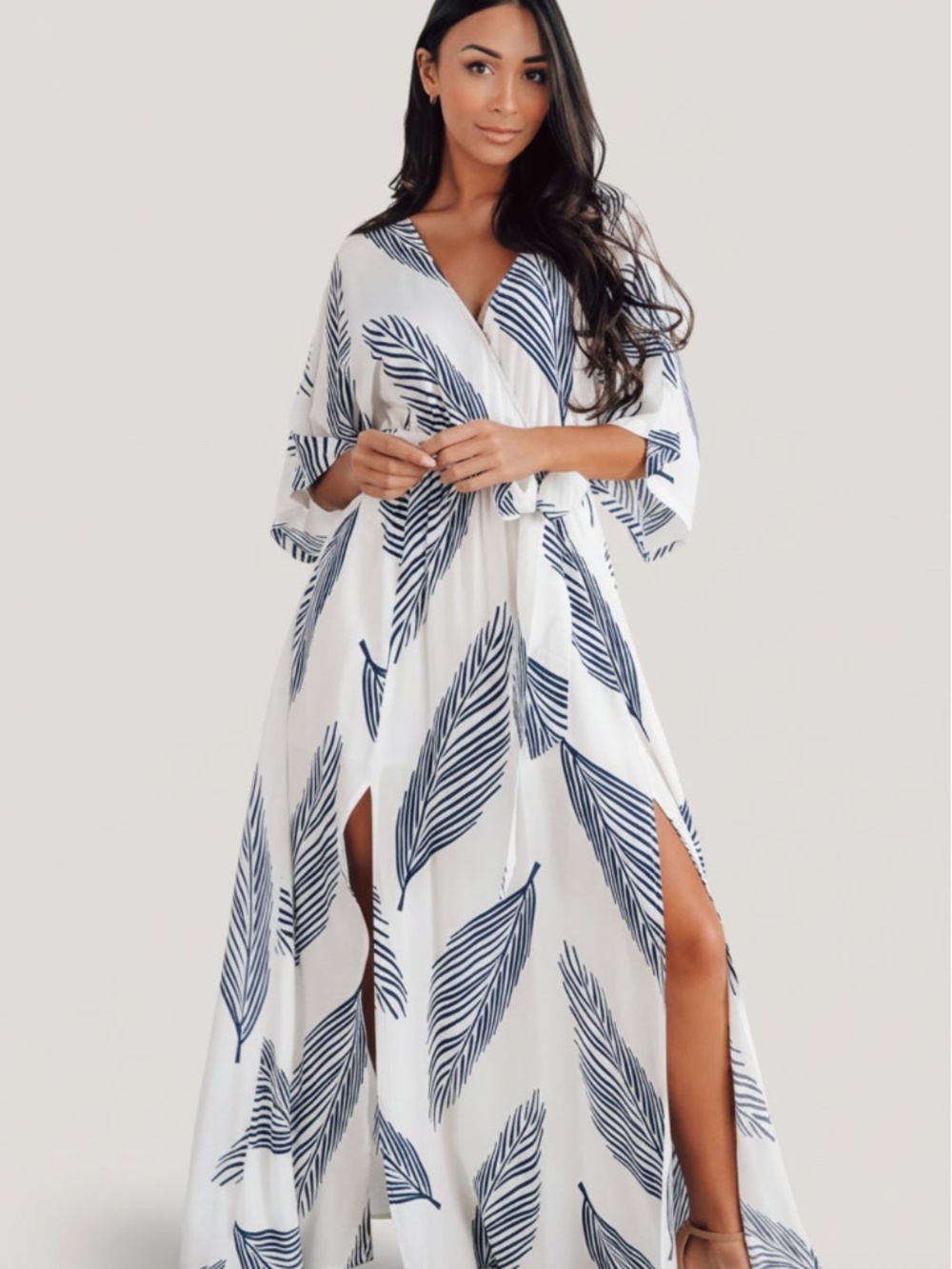 Baltic Born Corinth Navy White Leaf Kimono Maxi Dress, Small